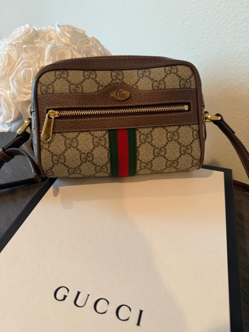 Gucci Beige/Brown GG Canvas Wristlet with Gold Hardware
